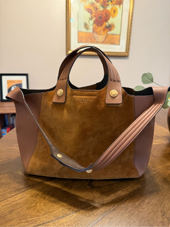 Tory Burch Handbags - Tory Burch Brown Suede & Leather Shoulder Tote with Gold Hardware